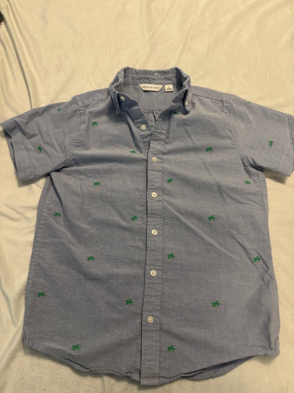 Janie and Jack Light Blue Short-Sleeve Button-Down with Green Palm Embroidery